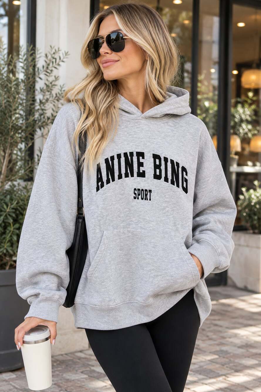 ANINE BING Sport Gray Oversized Graphic Hoodie Sweatshirt XS